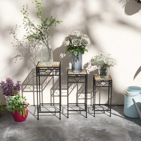 Outsunny Stojak na Rośliny, Zestaw 3 szt., okrągłe, składany, z efektem rattanu, metalowe nogi, do użytku wewnątrz i na zewnątrz, Czarno/Złoto