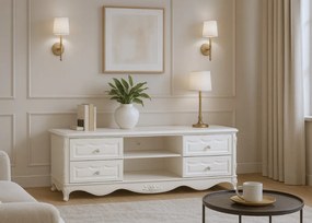 Elegancka szafka pod telewizor Odile, wymiary 180x47x58 cm, kolor ecru. Szafka rtv ma ozdobne fronty, cokół z motywem róży. Meble w stylu francuskim.