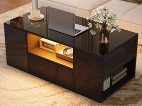 Błyszczący stolik kawowy 100x50x40 cm - z 1 szufladą i przegródkami do przechowywania - z oświetleniem LED - Płyta wiórowa - Czarny