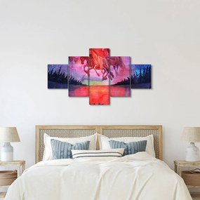 Obraz - Pojawienie się kosmicznych koni nad jeziorem, akwarela (125x70 cm)