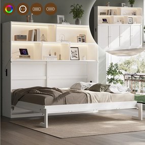 Łóżko składane 90x200 cm - Pojedyncze łóżko rozkładane - z LED, ładowaniem USB i miejscem do przechowywania - Białe (materac nie jest dołączony)