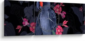 Obraz - Papuga wśród kwiatów (z zegarem) (90x30 cm)