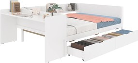 Łóżko dla dorosłych 140 x 200 cm – z 2 szufladami i półkami – biała sosna – materac nie jest wliczony w cenę. Materac wliczony w cenę.