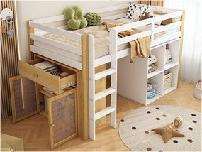 Łóżko mezzanine dla dzieci 90x200 cm - z meblem do przechowywania i półkami - Białe (bez materaca)