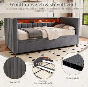 Rozkładana sofa - 90/180 x 190 cm - z portem USB, diodami LED i schowkiem - aksamitna - szara