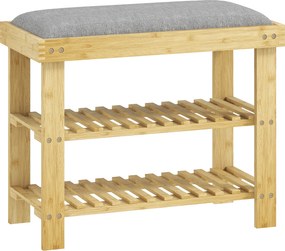 HOMCOM Ławka na buty z siedziskiem, bambusowa ławka z miejscem na obuwie, 2 otwarte półki, 60 x 29 x 49 cm, szara | Aosom PL
