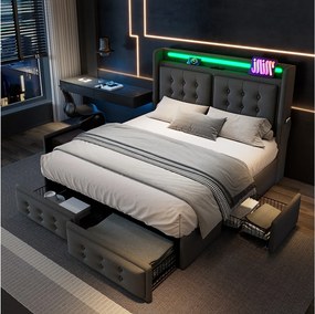 Łóżko dla dorosłych 160x200 cm Łóżko podwójne z oświetleniem LED i USB, 4 szuflady - szary bawełna (bez materaca)
