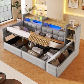 Łóżko 90 x 200 cm z pojemnikiem, półką, ławką ze schowkiem, diodami LED, USB i gniazdem typu C - Aksamit i płyta MDF - Szare (Materac nie jest dołączony)