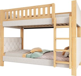 Łóżka piętrowe dla dzieci 90x200cm - tapicerowany zagłówek - z 4-stopniową drabiną - drewno hevea + MDF - Naturalny+Szary​ (bez materaca)