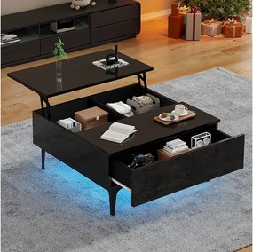 Stolik kawowy regulowany - 70 x 70 x 35 cm - z 1 szufladą + ukryte półki + diody LED - MDF - czarny