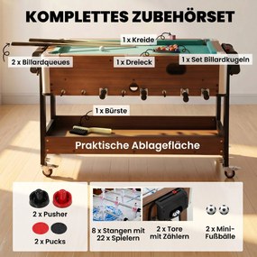 SPORTNOW 3-w-1 obrotowy stolik wielofunkcyjny z bilardem, piłkarzykami i airhockey, z półką | Aosom PL