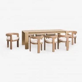 Zestaw Stołu Prostokątnego 220x100 Cm Z Drewna Akacjowego Mirelen Oraz 8 Krzeseł Ogrodowych Z Drewna Akacjowego I Tkaniny Bouclé Jasny Akacjowy Brąz -