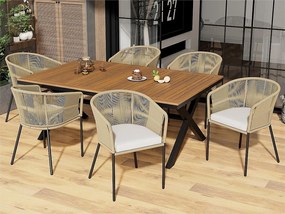 Zestaw stół i krzesła ogrodowe - 6 miejsc - 1 stół z drewna akacjowego i 6 krzeseł ozdobionych sznurkiem - Beżowy