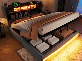 Łóżko tapicerowane ze schowkiem 160x200cm - z oświetleniem LED - z komorą przechowawczą - szare (bez materaca)