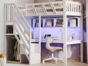 Łóżko na antresoli 90x200cm - z drabiną z pojemnikami - z biurkiem - port USB - z oświetleniem LED - biały (materac nie jest wliczony w cenę)