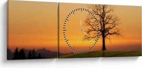 Obraz zachodu słońca na łące (z zegarem) (90x30 cm)