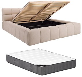 Łóżko ze skrzynią 200 x 200 cm - Tkanina - Beżowy + Materac - FORVIK Pascala Morabito