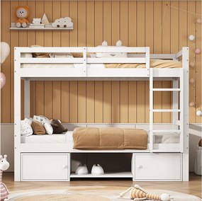 Łóżko piętrowe dla dzieci - 2x90x200 cm - 2 szafki i półki na buty - białe