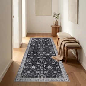 Dywan vintage INKA Floral z Efektem Postarzenia Czarno-Szary 80 cm x 250 cm