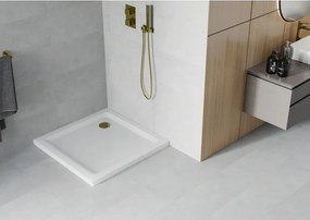 Mexen Flat brodzik kwadratowy slim 70 x 70 cm, biały, syfon złoty - 40107070G