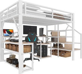 Łóżko na antresoli 140x200 cm - z drabiną bezpieczeństwa - z taśmą LED + biurkiem - z portem USB - biały​ (materac nie jest wliczony w cenę)