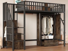 Łóżko na antresoli z metalu 90x200 cm - z szafą - 1 szuflada - z drabiną schowkową - czarny (materac nie jest dołączony)