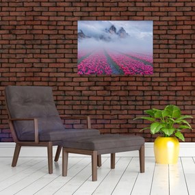 Obraz na szkle - Krajobraz z polami tulipanów (70x50 cm)