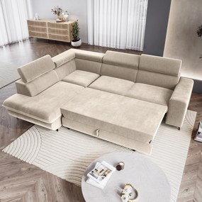 Masseno Narożnik VELISS z funkcją spania i pojemnikiem na pościel Narozniki L, Rozkładana sofa - Kremowy, CASTEL 03