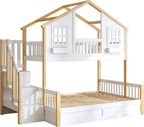 Łóżko piętrowe Enfamt - 90 x 200 cm + 140 x 200 cm - z łóżkiem hydraulicznym + oświetlenie LED + drabinka ze schowkiem - drewno - kolor biały i naturalny