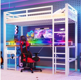 Łóżko piętrowe dla dzieci - 90 x 200 cm - rama żelazna - z diodami LED + biurko + port USB + gniazdko elektryczne - metalowe - białe