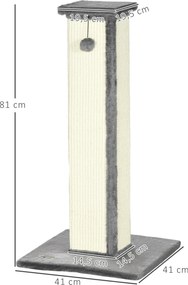 PawHut Drapak dla kotów, z piłeczką do zabawy, plusz, sizal, 41 cm x 41 cm x 81 cm, Krem + Szary