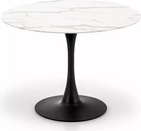 Stół Ambros 90 cm elegancki okrągły stół z marmurowym szklanym blatem i czarną stalową nogą do małego salonu