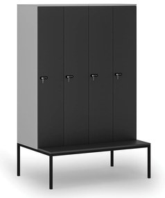 Drewniana szafa ubraniowa S4 z ławką, 4-drzwiowa, 1871 x 1200 x 500/800 mm, demontaż, zamek mechaniczny z kodem, szary/grafitowy