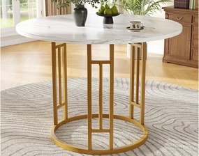 Okrągły stół jadalniany - Metalowa rama - Okleina o wzorze marmuru - Dla 4 osób - MDF - Biały i Złoty