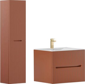 Podwieszana szafka łazienkowa z umywalką do zabudowy, kranem i słupkiem - Prążkowana terakota - 80 cm - PAVANI