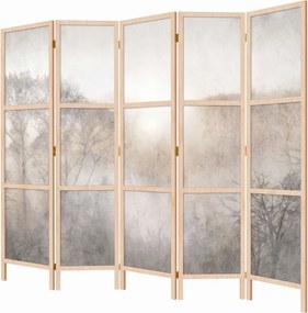 Parawan pokojowy 5-częściowy 225x172 drewniany japoński Jednostronny dekoracyjny japandi wabi-sabi Szary Drzewa We Mgle