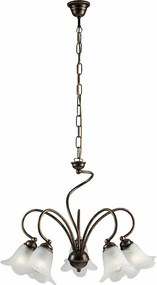 Alice żyrandol lakierowane brązowe żelazo, złote zdobienia, klosze alabastrowe, 5 lamp, Ø57 cm