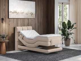 Zestaw łóżko kontynentalne z pikowanym zagłówkiem + stelaż elektryczny relaksacyjny + materac + nakładka na materac - 100 x 200 cm - Tkanina - Beżowy - LODI marki PALACIO