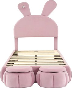 Łóżko dziecięce 90x200 cm tapicerowane welurem - uszy królika z regulowanym LED - z 2 taboretami do przechowywania - Różowe