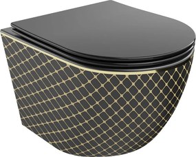 Mexen Lena miska wc Rimless z deską wolnoopadającą slim, duroplast, czarna mat/złota wzór kratka - 30224079