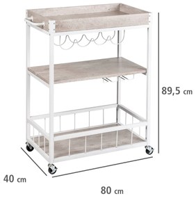 Wózek kuchenny RUSTICO, trójpoziomowy regał na kółkach z uchwytami na butelki i kieliszki - 80 x 89,5 x 40 cm, WENKO