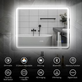 HOMCOM Lustro łazienkowe z oświetleniem LED, funkcją przeciwmgielną, 3 regulowanymi kolorami światła, zegarem, 700 x 900 mm, Srebrne
