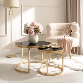 Zestaw Stolików Kawowych ARON 70 cm/50 cm Czarny Marmur/Złoty Glamour
