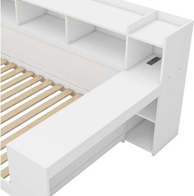 Łóżko banquette 90x200cm - biurko z gniazdem USB - 2 szuflady i półki - Białe (materac nie jest w zestawie)