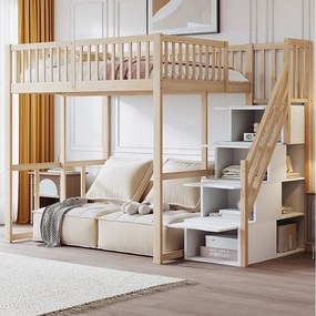 Łóżko piętrowe 140 x 200 cm z 4 szufladami i półkami do przechowywania - Sosna + sklejka + MDF - dla dzieci - Naturalne