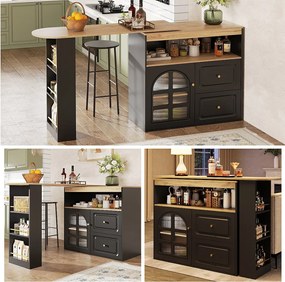 Obrotowy barek - 204 x 39 x 104 cm - z 2 szufladami + 1 drzwiami + 3 półkami na przekąski - MDF - czarny