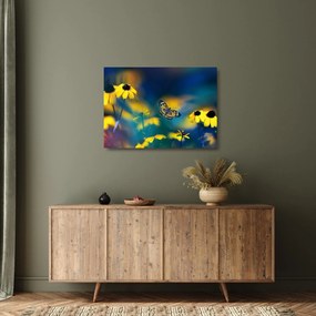 Obraz na szkle - Żółty motyl z kwiatami (70x50 cm)