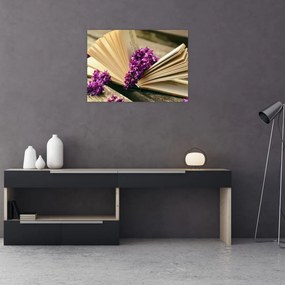 Obraz książki i fioletowych kwiatów (70x50 cm)