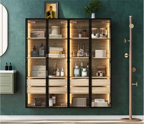 Witryny, meble łazienkowe z LED - 2 duże szuflady i 2 szklane drzwi - Naturalne