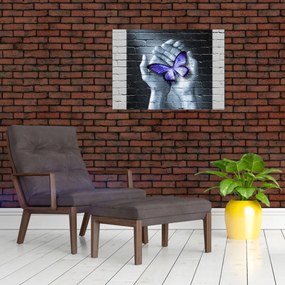 Obraz - Fioletowy motyl na ścianie (70x50 cm)